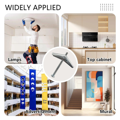 Heavy Duty Metal Drywall Anchor Kit With Toggle Bolts And Wing Nuts In Three Sizes 1/8 Inch 3/16 Inch And 1/4 Inch Includes 28 Umbrella Butterfly Hollow Wall Anchors For Shelves Ceiling Mounts And Secure Drywall Installations with samples of installation applications.