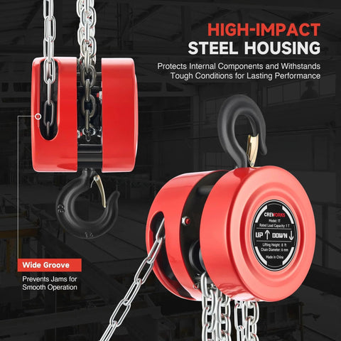 Heavy Duty Manual Lever Hoist With One Ton Capacity And Eight Foot Lift, featuring high-impact steel housing and G80 load chain
