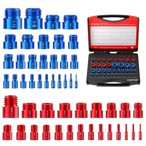 Detachable 50 Piece Thread Checker Set For Imperial And Metric Nuts And Bolts Aluminum Gauge Box With Color Coded Blue And Red, including gauges in a case.