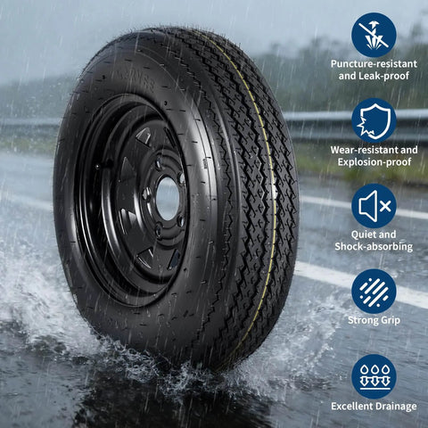 2-Pack 5.30-12 Trailer Tires With 12 Inch Rims, 5 Lug On 4.5 Inch Bolt Pattern, 6 Ply Load Range C Heavy Duty Tires For Utility Boat Camper And Cargo Trailers, Rim Included For Easy Assembly shown in rainy condition.