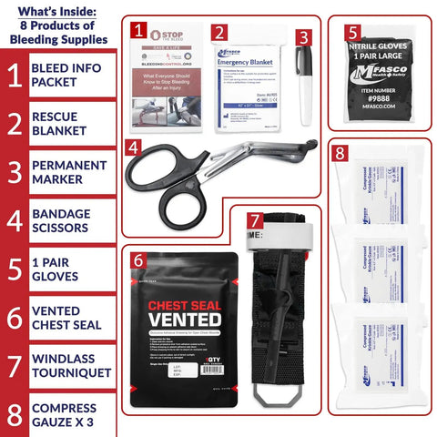 Stop the Bleed 10-Piece Bleeding Control Kit With Tourniquet, Compressed Gauze, Chest Seal, Portable, includes bandage scissors