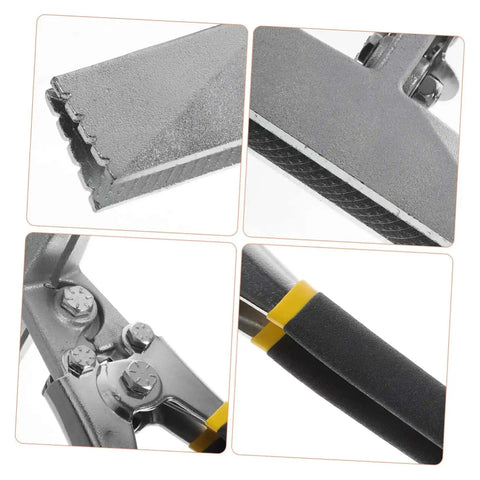 Close-up of Manual Metal Bender Tool for Sheet Metal Folding and Flattening, showing chrome vanadium handle and duckbill pliers.