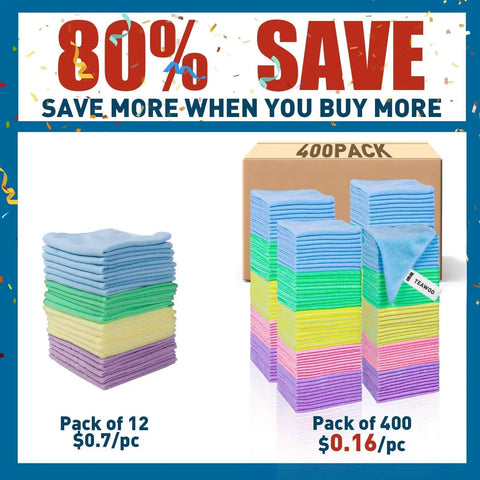Image of Bulk 400 Pack Microfiber Towels for Cars and Home 12x12 Inches Assorted Colors, featuring stacked towels in 5 colors next to packaging.