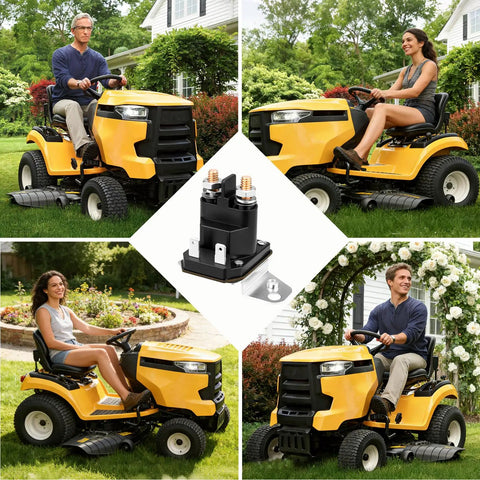 Starter solenoid Tecreddy 725-06153A, black with copper terminals; center collage with four yellow riding lawn mowers.