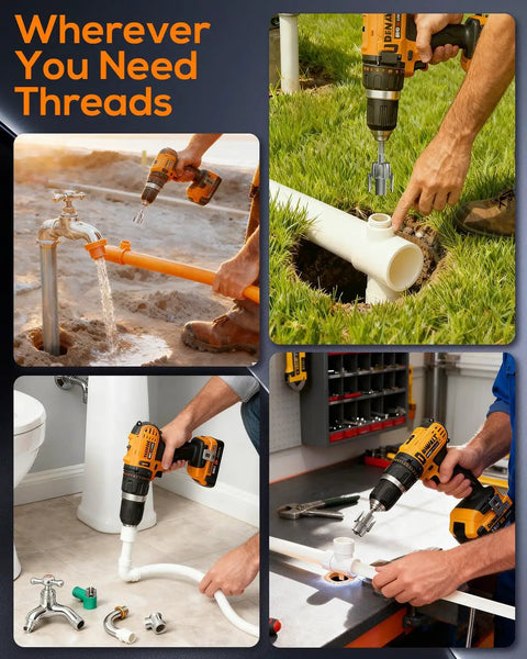 Electric Drill PVC Pipe Threader Kit For Half Inch And Three Quarter Inch Pipes With Dual Internal And External Threading Rethreading Tool Used for Plumbing and Electrical Conduit Work
