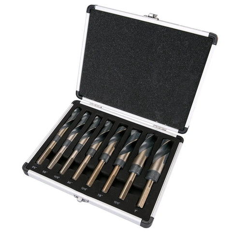 Premium 8-Piece Half Inch Reduced Shank Drill Bit Set With Aluminum Carry Case M2 High Speed Steel Deming Bits 135 Degree Split Point