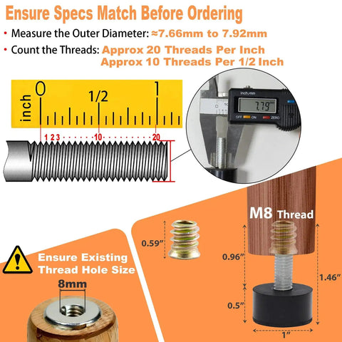 Measurement guide for 8 Pack Rubber Adjustable Furniture Leveler Feet For Tables And Chairs with M8 threaded screws.
