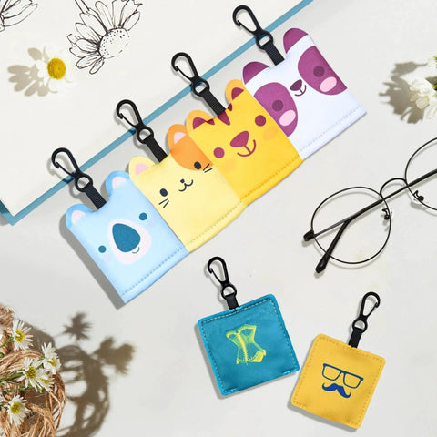 Colorful neoprene pouches with clips holding Six Pack Premium Microfiber Glasses Cleaning Cloths for Eyeglasses and Screens.