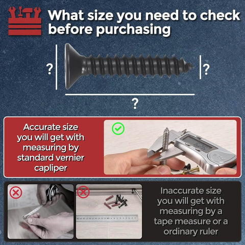 Image showing accurate size measurement method for 200 Piece Phillips Flat Head Wood Screws 4x30mm Carbon Steel Countersunk Self Tapping For Furniture Assembly Interior Trim Outdoor Projects Black Great For DIY Projects And Home Improvement using calipers.
