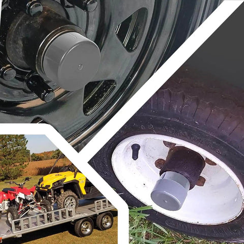 2 Pack Trailer Dust Covers 1.98 in Rubber Wheel Protectors installed on car and trailer wheels