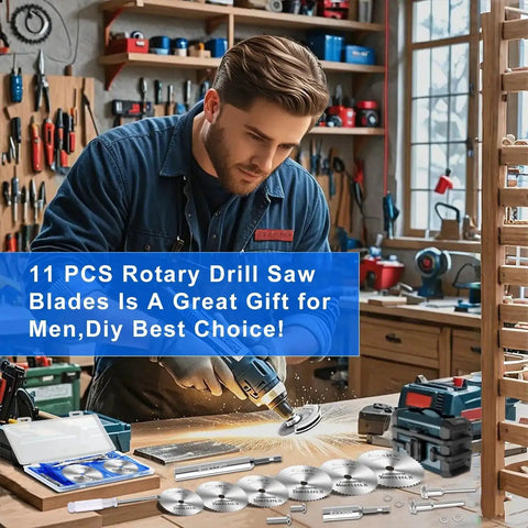 Man using All-In-One Rotary Drill Saw Blade Kit With Six High Speed Steel Cutting Discs And Four Shanks Including Hex And Round Options Plus Screwdriver in workshop