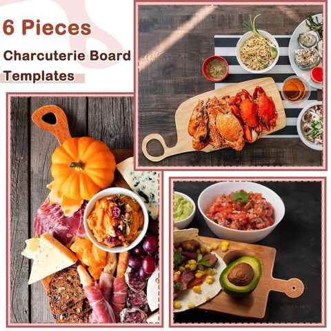 Six Piece Acrylic Router Template Set For Charcuterie Boards And Cutting Boards shown with food arrangements.