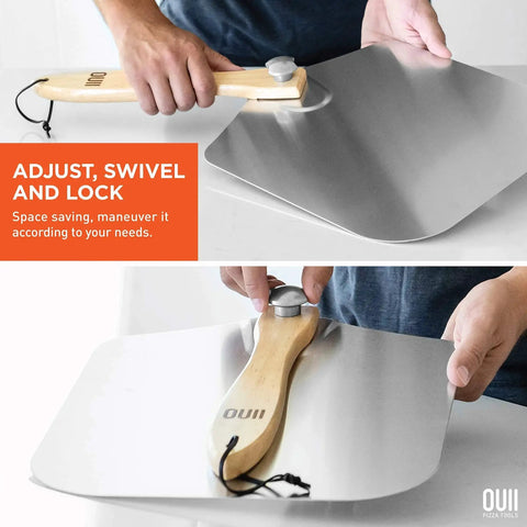 Heavy Duty Aluminum Pizza Peel 12 By 14 Inch With Foldable Wood Handle Extends To 25 Inches For Oven Baking Pizza Bread Pastry Dough Cake Spatula OUII shown being adjusted by a person.