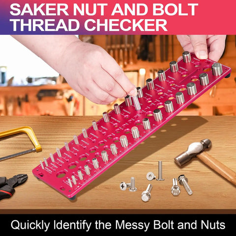 51 In 1 Bolt Size Finder And Thread Gauge With 32 Metric And 32 SAE Threads Plus 19 Drill Bit Check Openings CNC Machined Aluminum Screw Size Chart Go No Go ANSI Standard Non Slip Base in use, showing various screw sizes on pink gauge.