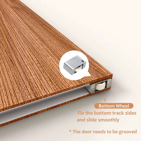 Close-up of bottom wheel mechanism of Concealed Barn Door Hardware Kit With Soft Close Mechanism And Hidden Track, Wall Mounted Invisible Sliding Door System For Opening Width 30 To 34 Inches, Requires Groove, Ultra Quiet Glide, Durable Aluminum Rails, Clean Modern Finish