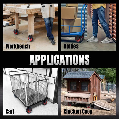 8 Inch Caster Wheels Set Of 4 With 2 Swivel And 2 Fixed Heavy Duty Casters installed on workbench, dolly, cart, and chicken coop.