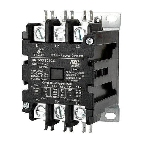 Front view of 3 Pole 40 Amp 120V Contactor For HVAC Systems, UL Listed DP Contactor with wiring labels and mounting base.