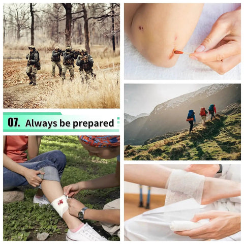 Collage of outdoor adventures and first aid applications illustrating 171 Piece Survival First Aid Kit With Emergency Gear And MOLLE Nylon Bag.