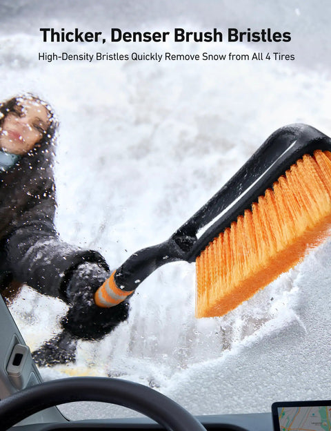 27 Inch Snow Brush With Detachable Ice Scraper And Ergonomic Foam Grip For Cars Trucks And SUVs Heavy Duty ABS PVC Bristle Brush Orange in use removing snow from a car.