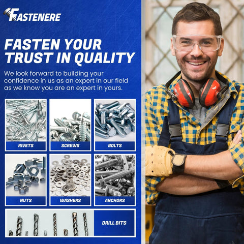 Fastenere banner with a worker beside a grid of screws, bolts, nuts, and washers.