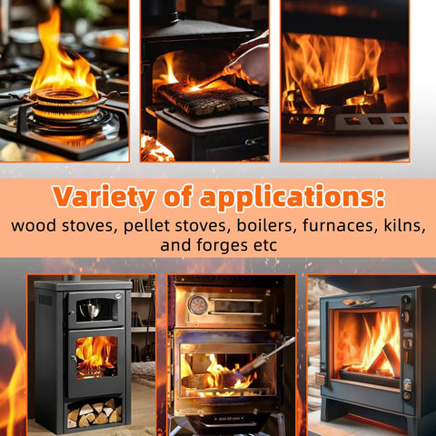 Gasket paper collage with flames and multiple stoves (wood stove, pellet stove, boiler, furnace, kiln, forge).