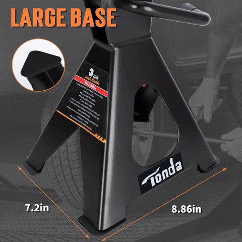 3 Ton Heavy Duty Jack Stands With Self Locking Ratchet, 13.39 To 21.06 Inches, large pyramid base, side view.