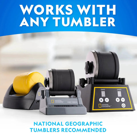 Rock Tumbler Grit And Polish Refill Kit For Polishing Up To 20 Pounds Of Rocks works with any tumbler, shown with National Geographic models.