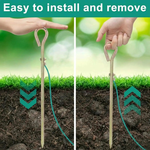 Demonstration of portable ground rod kit with 15ft 12AWG grounding wire for earthing, showing easy installation and removal.