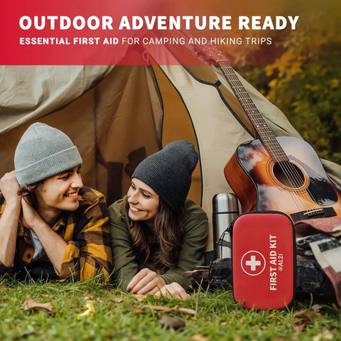 All Purpose 184 Piece First Aid Kit For Home Travel Go To Car Office And Worksite displayed with guitar and campers by tent