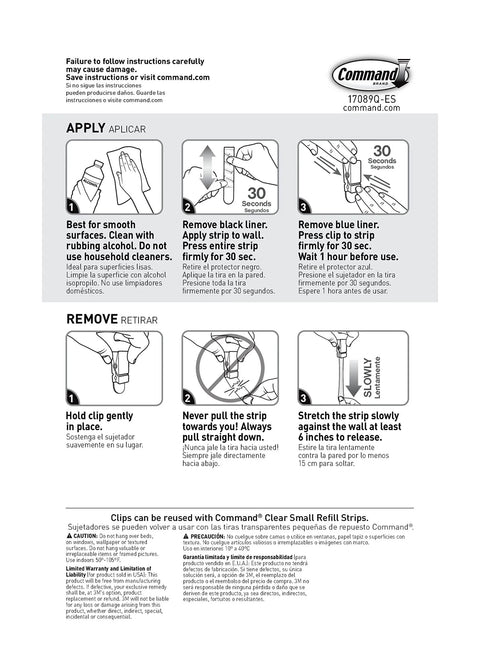 Instruction sheet for applying and removing Quartz Plastic Spring Clips 8 Pack For Dorm Décor Damage Free Hanging No Tools Required.