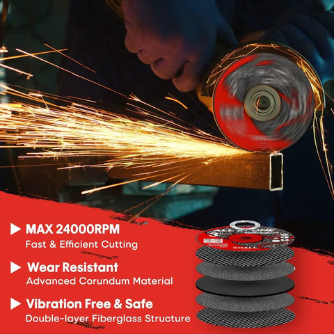 Person using Ultra Thin Three Inch Cut Off Wheels Set Of Twenty Five With Pouch For Angle Grinder And Cut Off Tools Fast Cutting Disc For INOX Steel Iron Non Ferrous Metal And PVC Three By Three Eighths By Three Sixty Fourth Inch, sparks flying.