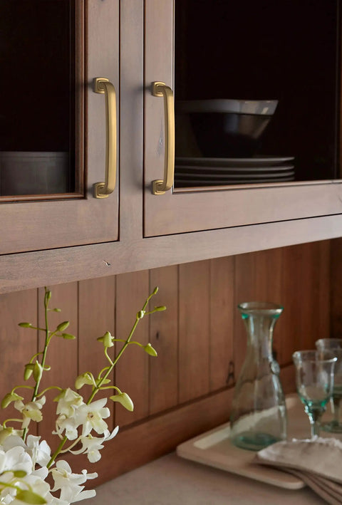 Champagne Bronze Surpass Cabinet Pull Five And One Sixteenth Inch Center To Center on wooden kitchen cabinet doors