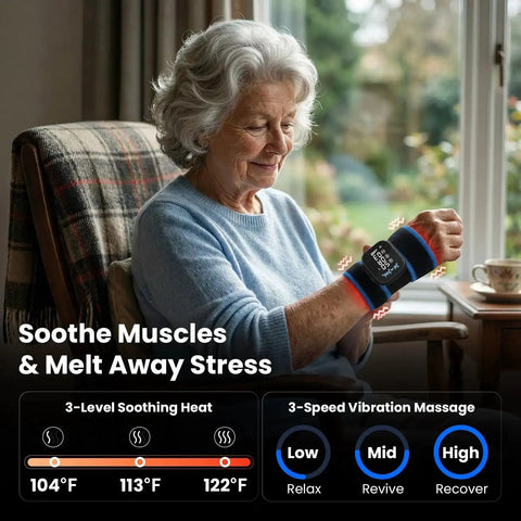 Elderly woman using Infrared Heated Wrist Wrap With Vibration Massage For Carpal Tunnel And Arthritis, cordless pain relief device.