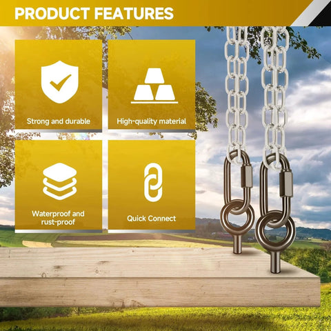 Four Pack 4 Point 2 Inch Quick Link Chain Connectors With 2800 Lbs Capacity M12 Heavy Duty High Strength Carabiners hanging outdoors.