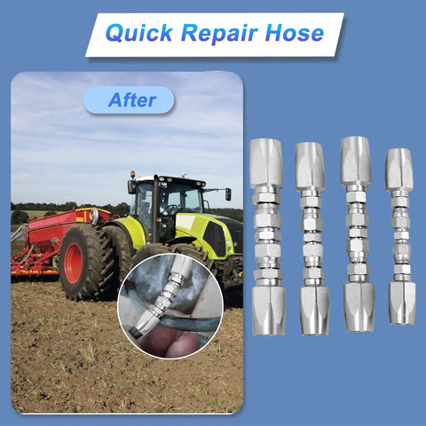 All In One Reusable Hydraulic Hose Repair Kit Set with four pieces for field repairs on SAE hydraulic hoses, shown with tractor.