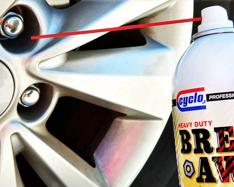 Breakaway Fast Penetrating Oil For Rusted Joints And Bolts being applied to car wheel bolts, heavy duty penetrant.
