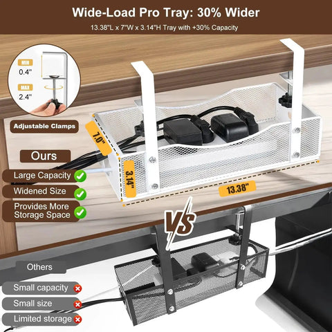 Extra Wide Under Desk Cable Management Tray With No Drill Install For Office And Home Desks White XL Cord Organizer under desk
