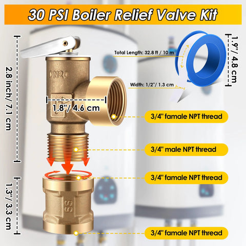 Brass 30 PSI boiler relief valve with 3/4 NPT female thread adapter and blue PTFE tape for hot and cold water systems