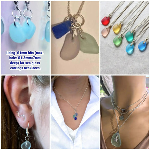 Sea glass jewelry created using 20 Piece Diamond Drill Bit Set Featuring 1mm, 2mm, And 3mm Bits With 150 Grit Diamond Tips.