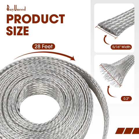 Tinned copper braid shielding coil, 28 ft, 5/16 in wide, 0.20 in diameter, metal cable shield.