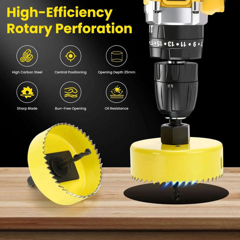Close-up of yellow saw blade and drill from Six Piece Premium Hole Saw Kit With Mandrels And Hex Key 1-1/4 To 2-1/8 Inch 32-54mm
