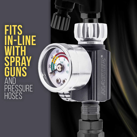 Master Airbrush Elite inline air pressure regulator with gauge, chrome body, knurled knob and fittings