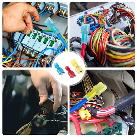 Ftimda 90pcs nylon insulated female spade connectors set in blue, red, yellow for 12-10 to 22-16 AWG wiring.