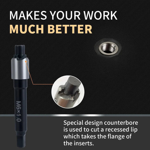 M6x1.0 Thread Repair Kit With 9.4mm Stainless Inserts Drill Tap Driver, close-up of tap tool and insert design