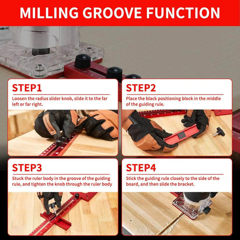 4 In 1 Router Milling Groove Bracket Pro Grade Aluminum Alloy Circle Cutting Jig For Woodworking steps on wooden surface