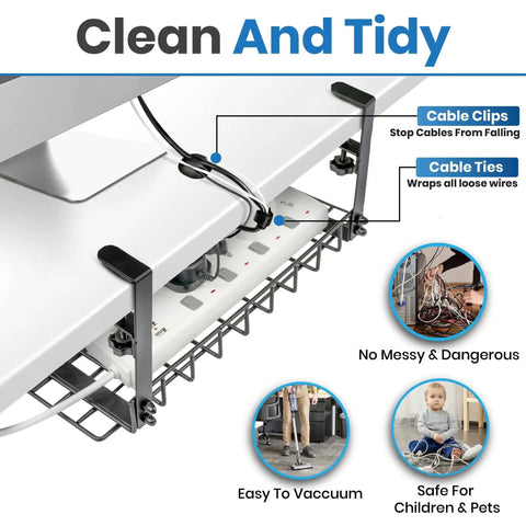16 Inch Under Desk Cable Management Tray No Drill Cord Organizer With Secure Clamps and cable clips keeping desk tidy