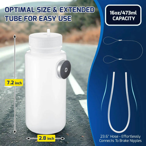 Front view of Dreyoo 16oz brake bleeder kit: white plastic bottle with magnet mount and 23.6in hose.