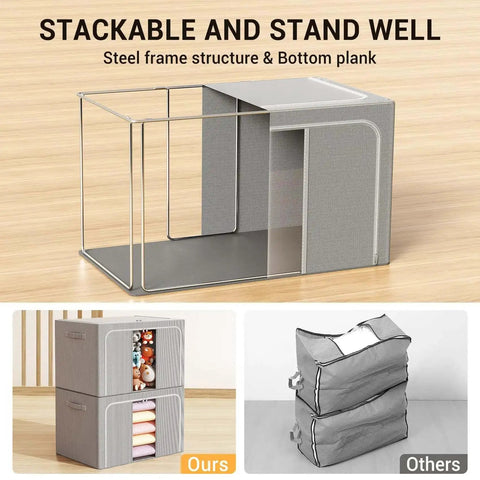 Foldable Metal Frame Storage Bins Set For Clothes And No Fuss Organization, 100L Each, 3 Pack showing stackable structure
