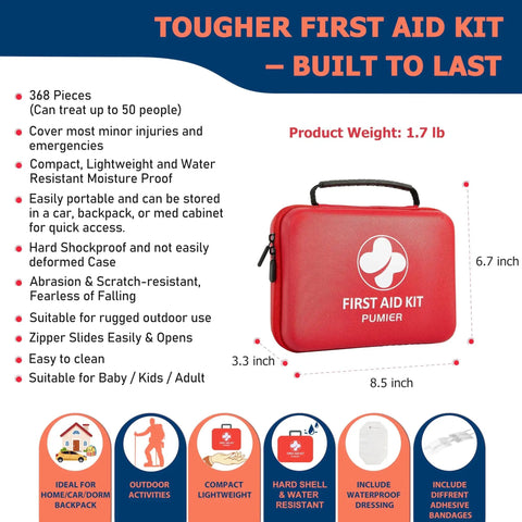 Red waterproof first aid kit with 368 pieces in a compact hard case, ideal for home, car, travel, office, boat, hiking, and more.