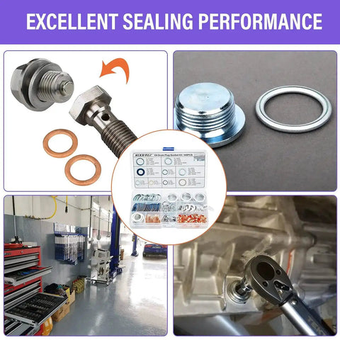 140 Pcs Oil Drain Plug Gasket Assortment Kit For Toyota Honda Subaru VW Audi Mercedes Benz With Premium Aluminum Copper Crush Washers And Seals OEM Numbers Included, showing kit contents and usage in automotive workshop.